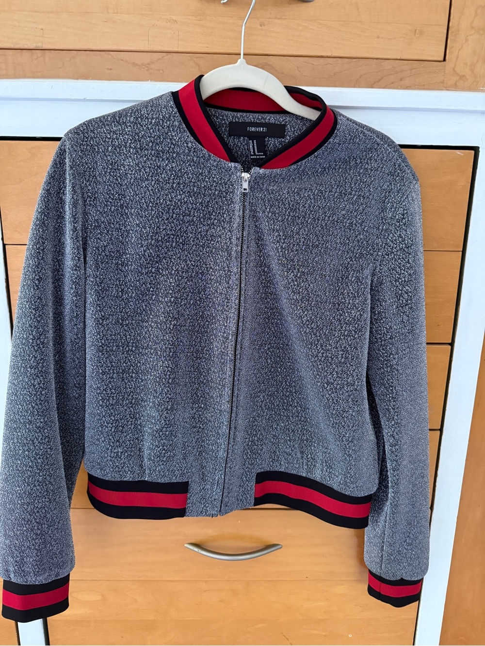 Forever 21 Gray & Red Bomber Jacket Zip Front Size M